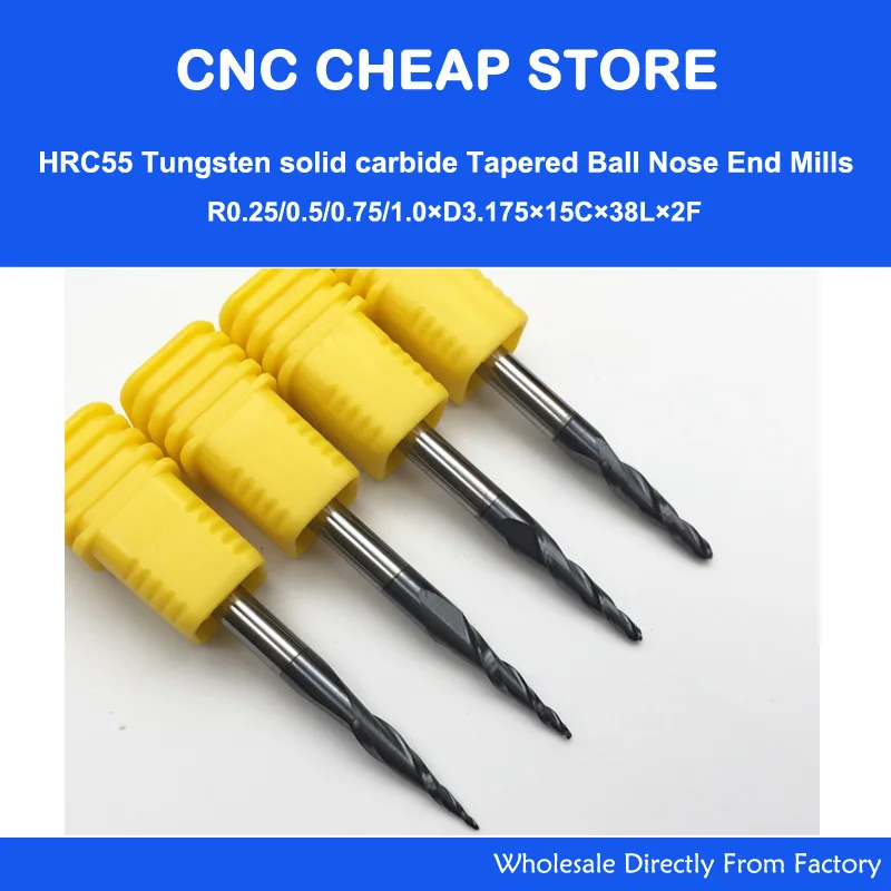 

4PCS Assorted R0.25&0.5&0.75&1.0mm with 1/8" 3.175 shank Tungsten solid carbide Tapered Ball Nose End Mill and cone cutter HRC55