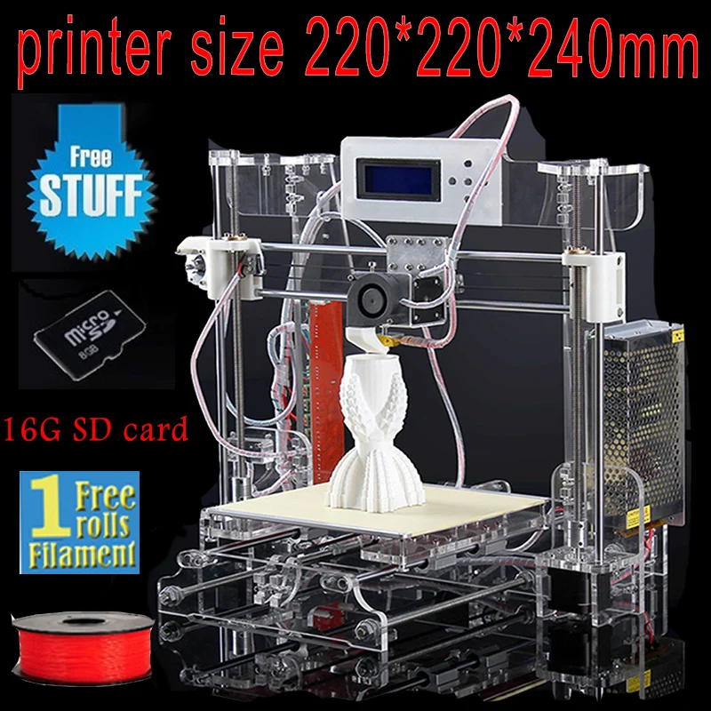 Quality DHL free High Size 220*220*240mm Precision Reprap Prusa i3 DIY 3d Printer kit with 0.5kg Filament 16GB SD card