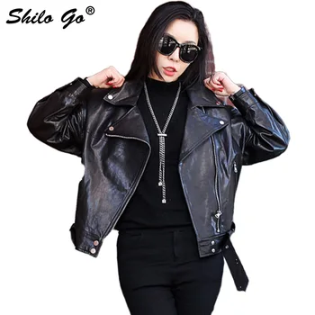 

SHILO GO Leather Jacket Womens Spring Fashion sheepskin genuine leather Coat button lapel collar zipper loose Casual locomotive