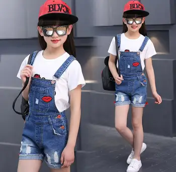 Girls jeans, Korean version, summer lip label, cowboy, big boy strap, shorts, children 2018 new style children's wear. 1