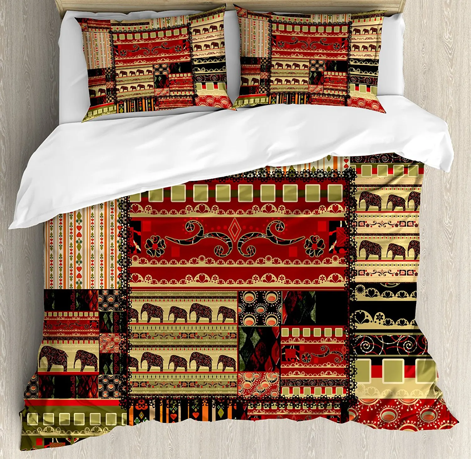 

African Duvet Cover Set Patchwork Style Asian Pattern with Elephants and Cultural Ancient Motifs Print 4 Piece Bedding Set
