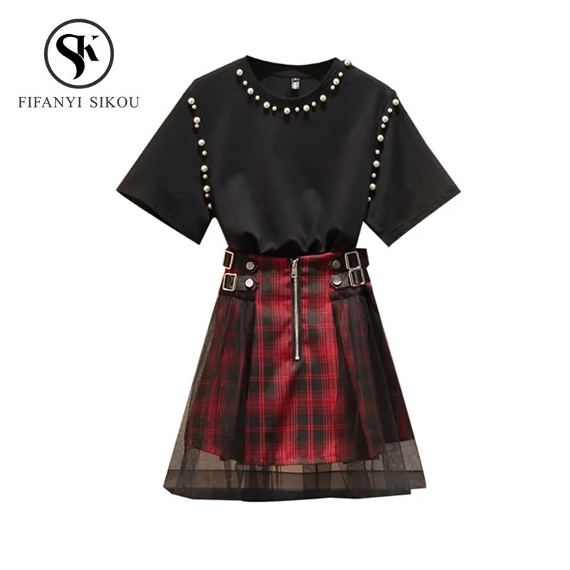 

2019 Summer Fashion 2 piece set women Beading Short sleeve T-shirt Mesh Plaid Mini Skirt Plus size Two piece set Loose Women set