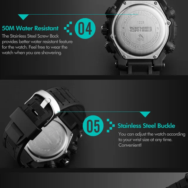 SKMEI Fashion Dial Outdoor zegarki sportowe mężczyźni elektroniczny kwarcowy zegarek cyfrowy 50M wodoodporne zegarki na rękę Relogio męski 1228 tanie i dobre opinie Quartz Wristwatches 26 5cm Żywicy 18mm Complete Calendar Week Display Water Resistant Stop Watch Back Light Chronograph Multiple Time Zone Alarm SKMEI Fashion Dial Outdoor zegarki sportowe mężczyźni elektroniczny kwarcowy zegarek cyfrowy 50M wodoodporne zegarki na rękę Relogio męski 1228 tanie i dobre opinie Quartz Wristwatches 26 5cm Żywicy 18mm Complete Calendar Week Display Water Resistant Stop Watch Back Light Chronograph Multiple Time Zone Alarm