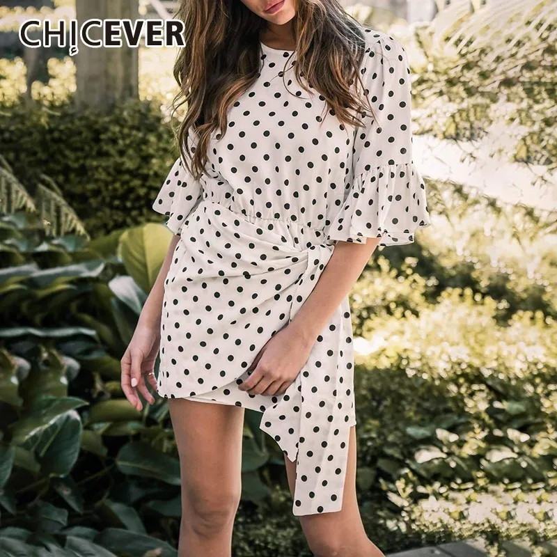 

CHICEVER Summer Casual Dot Print Ruffles Patchwork Lace Up Draped Dress For Women O Neck Flare Sleeve Asymmetrical The Dresses