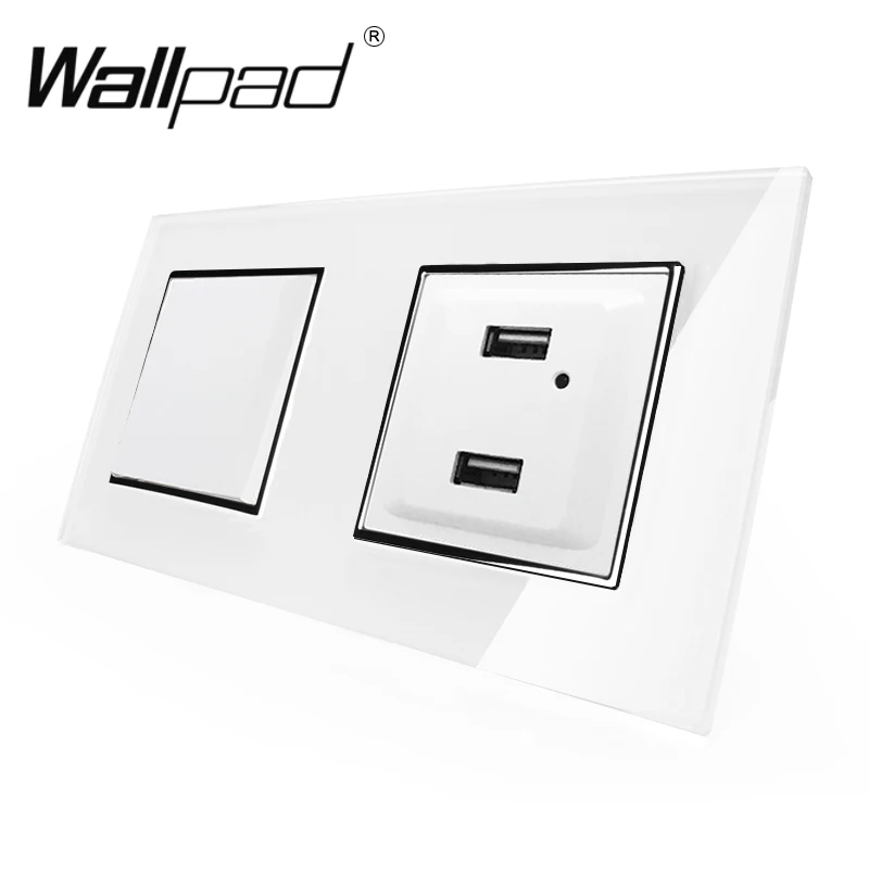 

2 USB Socket + EU Button Switch Wallpad White Glass Frame 1 Gang 2 Gang Switch Outlet with USB Charging Ports Clips Mount Back
