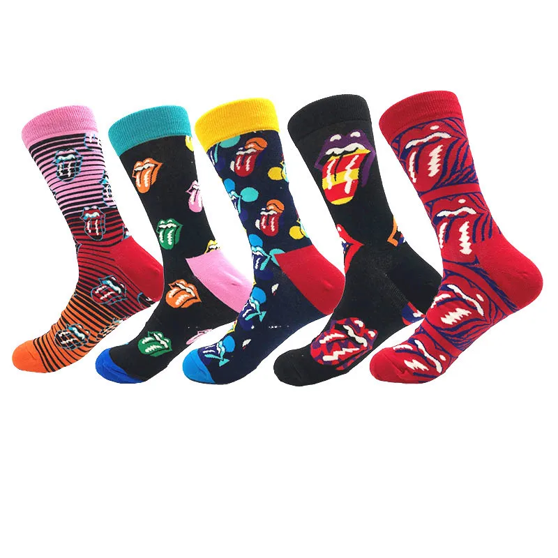 

New 2019 Autumn Winter Colorful Cotton Men Socks Funny Red Lips Striped Harajuku Skateboard Happy Socks For Christmas Gift