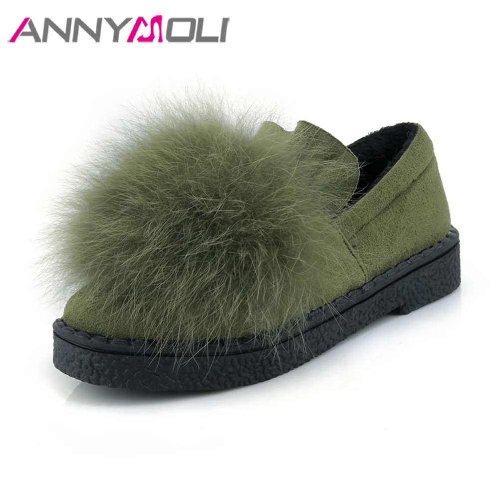 

ANNYMOLI Women Shoes Winter Real Rabbit Fur Platform Flats Warm Loafers Ladies Shoes Spring Slip On Shoes Green Big Size 44 45