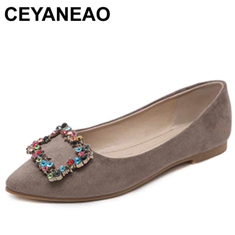 CEYANEAO2018Women Fashion Suede Crystal Black Ballet Flats Ladies Soft Pointed Toe Rhinestone Ballerina Flat Slip  On Party Shoe