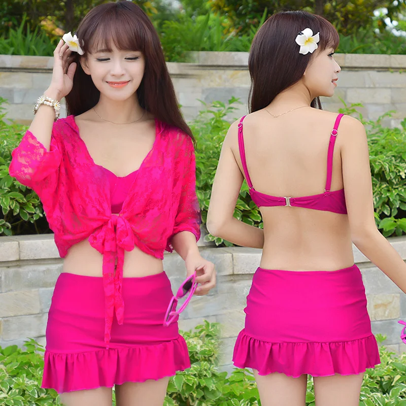 

Korean Women Tankini Set 3 Pieces Swimsuit with Cover Underwire Push Up High Waist Shoulder Cute Bikini Set