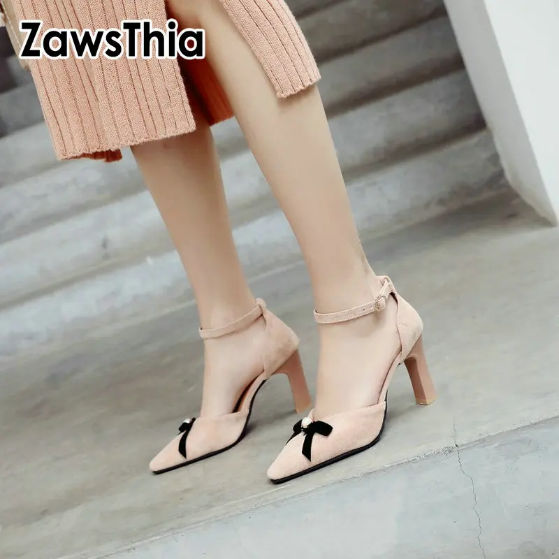 

ZawsThia 2019 summer woman shoes thin high heels cover toe buckle strap women sandals with bowtie knot & pearl sandalia feminina