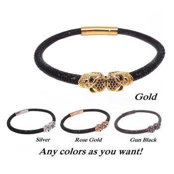 

2019 New Mens Black Leather Stingray Bracelet With Double Gold CZ Skull Beads Charm Bracelets Fit For Luxury Watch Accessories