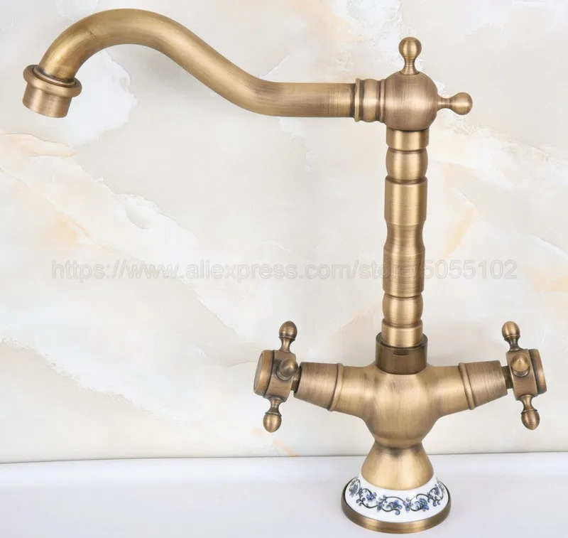 Antique Brass Bathroom Sink Faucet Basin Mixer Tap Double Cross Head Handle Single Hole Hot and Cold Water znf602