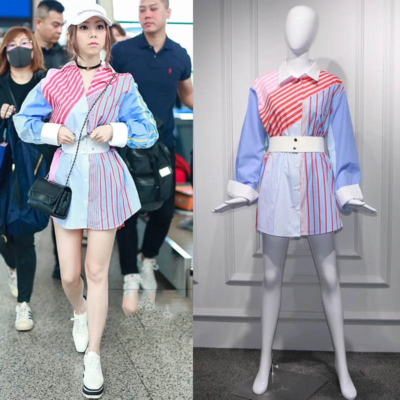 

Spring 2019 Medium-length and Loose Casual Shirt Skirt Tide Girl In The Same Colour Stripe Stitching Shirt Women Striped Dress