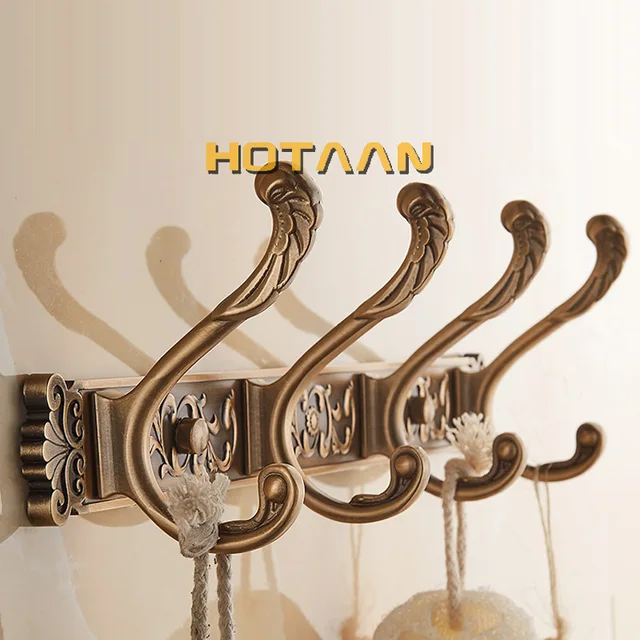 Hotaan Antique Brass Robe Hook Wall Mount Towel Holder Bathroom Accessories Organizer Luxury Clothes Hook Rack