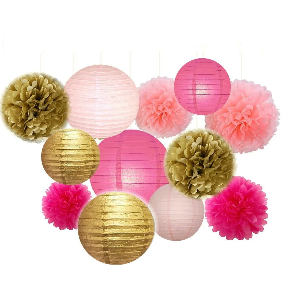 Set of 12 Mixed Gold Pink Fuchsia Party Tissue Pom Poms Pompoms Paper