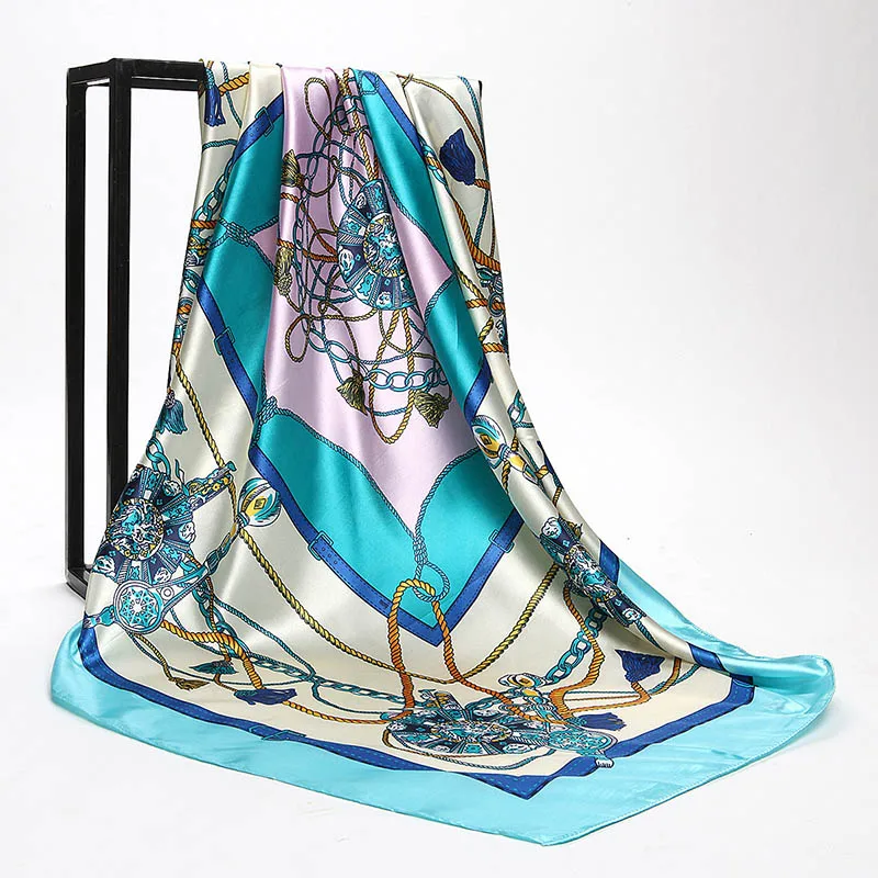 

High Quality Silk Scarf Fashion Women Print Hijab Scarves Retro Chain Satin Large Square Scarves Wrap