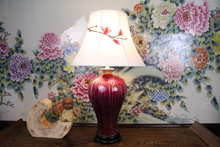 Vintage chinese porcelain ceramic table lamp bedroom living room wedding table lamp Jingdezhen large bedside table red glazed (2)
