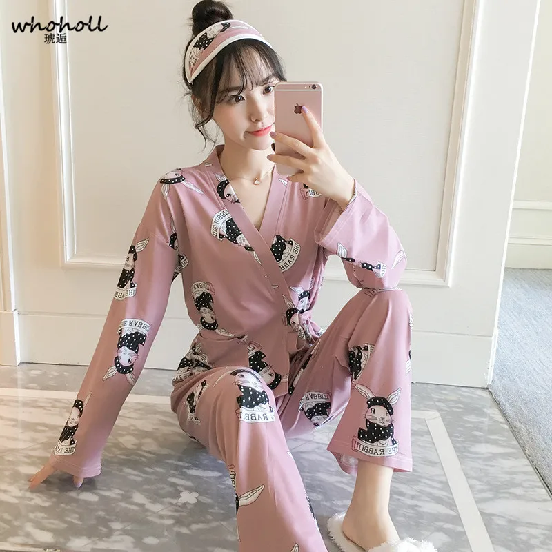 

WHOHOLL Autumn Lady Pajamas Long Sleeve Shirt+Pants Floral Print Casual Home Suit Silk Satin Women Pajama Sets Pijama Feminino