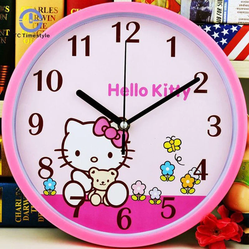 

26cm Mute Fashion Cartoon Living Room Bedroom Wall Clock Kitty Bear Lovely Battery Clock Pink Quartz Clock Children's Clocks