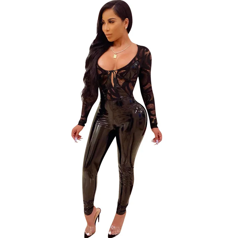 

Black Lace Patchwork Leather Jumpsuit Women Sexy Sheer Tight Bandage Bodycon Long Jumpsuit Party Night Club One Piece Jumpsuit