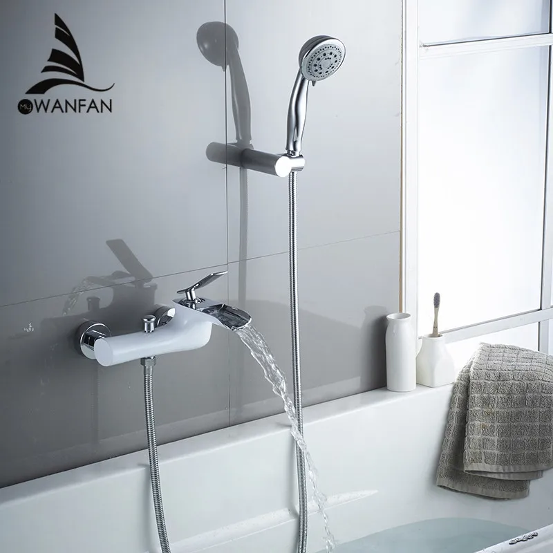 Kaufen Badewanne Armaturen Chrome Bad Dusche Set Weiß Dusche Set Badewanne Mischbatterie Dual Contral Dusche Wand Montiert Für Bad WF 6018