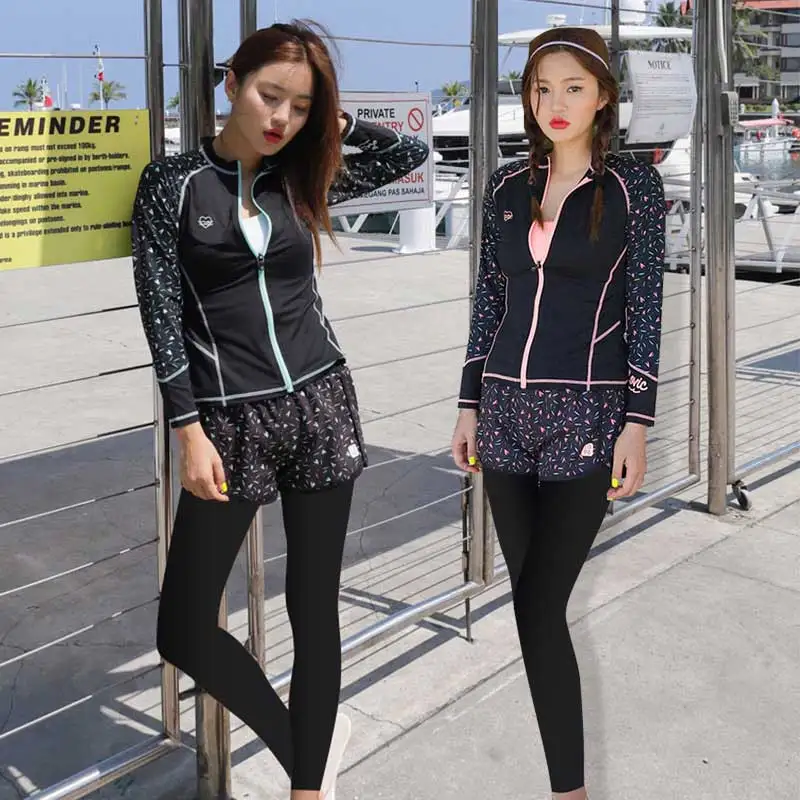 

5 pieces Women Long Sleeve Rash GuardUV Sun Protection Zip Front Swimsuit Shirt Leggings and Bikini Set Surf Swim Suits Full set