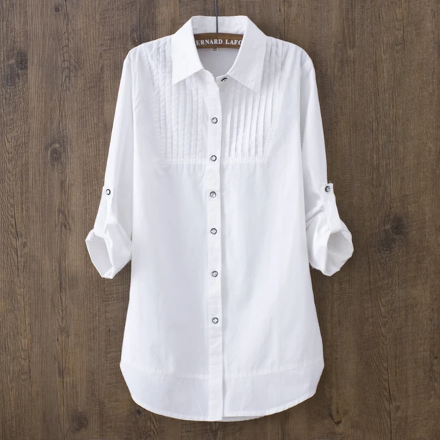 US $13.71 100% Cotton 2019 Spring Summer Women White Blouse Long-sleeved Slim Cotton Casual Work White Shirts
