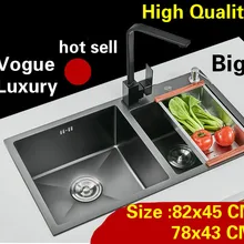 Роскошная большая кухонная ручная раковина с двойным канавком, посуда 304 из нержавеющей стали,, 82x45/78x43 см