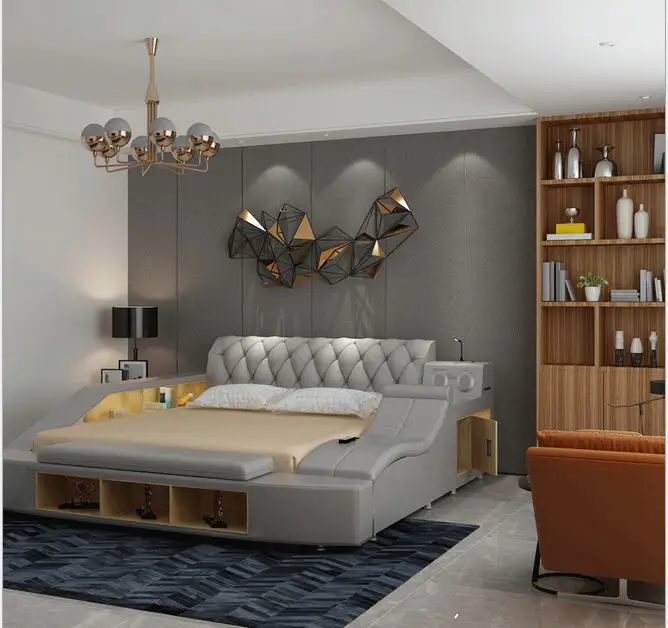 Real Genuine leather bed Soft Beds Bedroom camas muebles de dormitorio yatak mobilya quarto massage speaker bluetooth storage