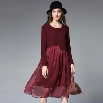 

2017Autumn winter Women loose Fit elegant knitted Dress chiffon patchwork female symmetrical dress plus size vestidos XXXXL 6622