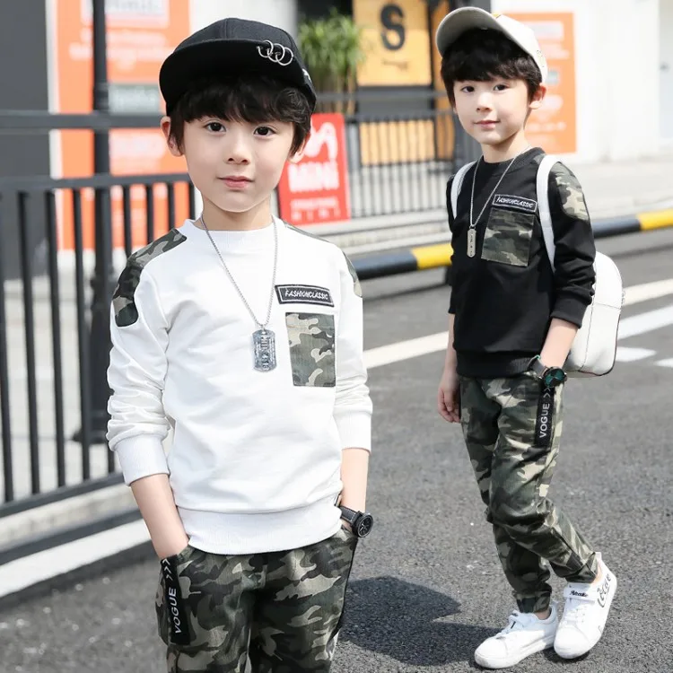 

Boys Camouflage Tracksuits 2018 Spring Children White Black Long Sleeve Jacket + Pants Outfit Kids Clothing Sets Age 5-13 T