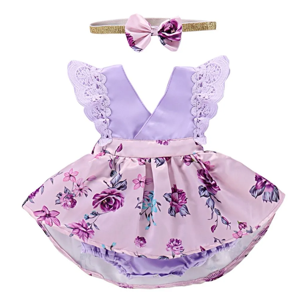 New Born Baby Girls Infant Dress Lace Flare Sleeve Purple Floral dress