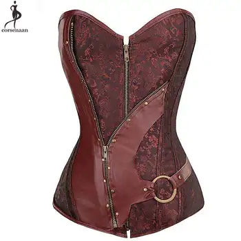

Coffee Steampunk Corset Leather Belt Metal Ring Corsets Plus Size 6XL Pirate Overbust Gothic Gorset Zipper Jacquard Basque Top