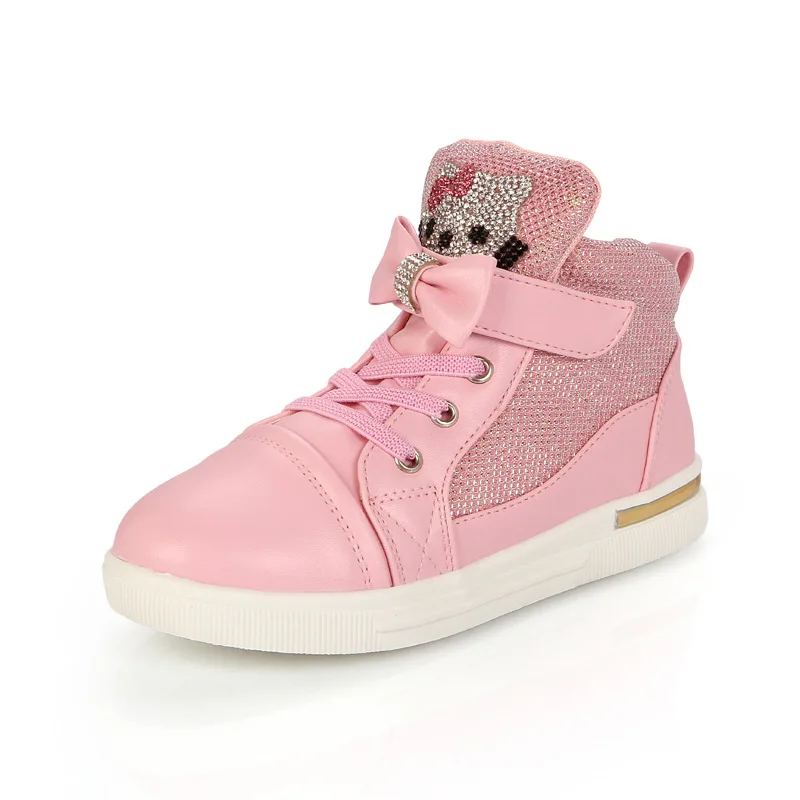 

New Hot Girl's Shoes Cartoon Hello Kitty Sequins Fashion Pink Princess Sweet Children Kids Single Shoes High Top Winter Sneaker
