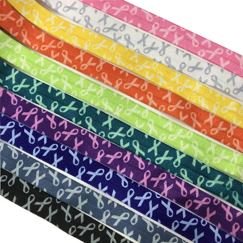 

Breast Cancer Awareness Printed Fold Over Elastic Ribbon 10 Yards 16mm FOE Webbing Diy Hair Band Sewing Decoration Accessories