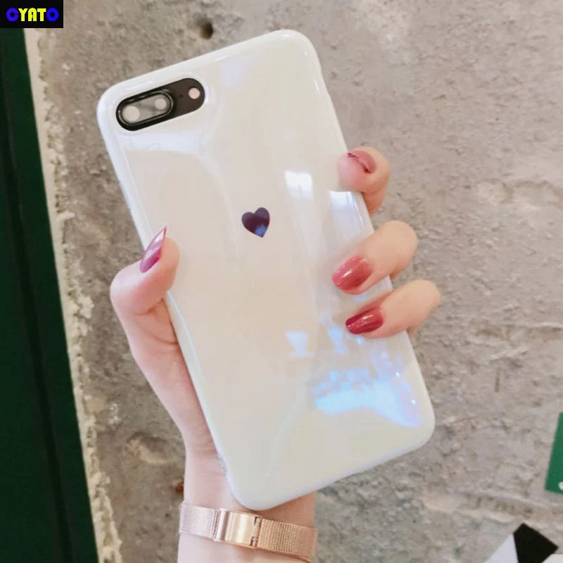

Cyato For iphone X 7 7Plus 8 8plus Blue ray Laser Love Heart Soft silicon Mirror case for iphone 6 6s 6plus back cover