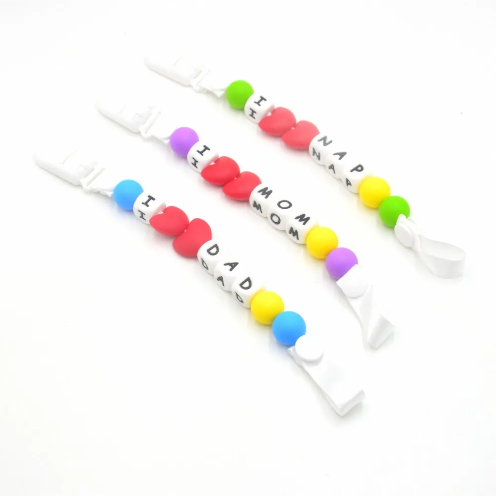 3 pcs BPA FREE Silicone pacifier clips wholesale I LOVE DAD MOM clips