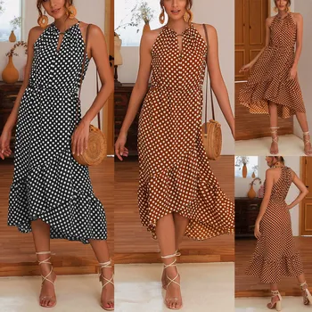 

Summer Dress Boho Women Dot Print Halterneck Spotted Belt Ladies Summer Midi Sun Dress Sleeveless Plus Size Dropshipping