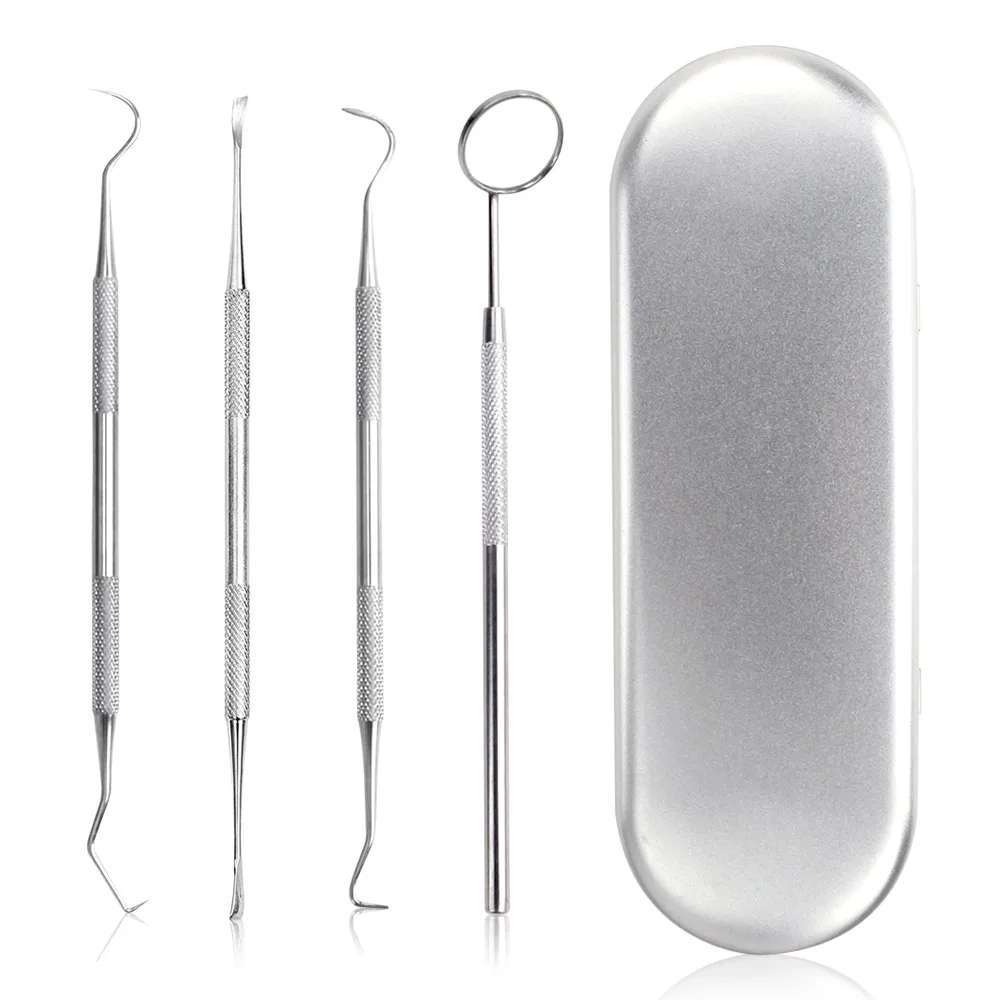 

4Pcs Dental Mirror Stainless Steel Dentist Tools Set Probe Tooth Care Kit Instrument Tweezer Hoe Sickle Scaler Dental Pick Denti