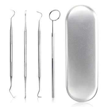 

4Pcs Dental Mirror Stainless Steel Dentist Tools Set Probe Tooth Care Kit Instrument Tweezer Hoe Sickle Scaler Dental Pick Denti