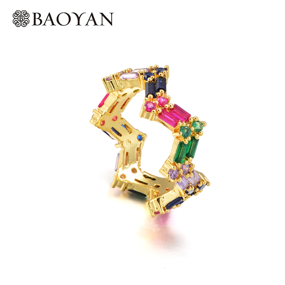 

Baoyan Fashion Copper Crystal Ring Wave Ring For Women With Zircon Rainbow Mirco Cz Gold Women Ring Gold Couple Ring