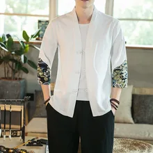 4545 летняя хлопковая льняная рубашка для мужчин размера плюс белая черная кимоно рубашка Мужская винтажная китайский стиль рукав три четверти 5XL