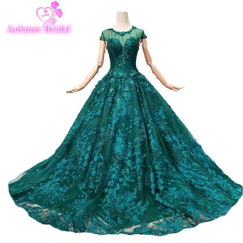 

Luxury Prom Dresses 2019 Green O Neck Evening Dress Vestido De Festa Arabic Fashion Full Lace Flowers Beaded Crystal Prom Gown