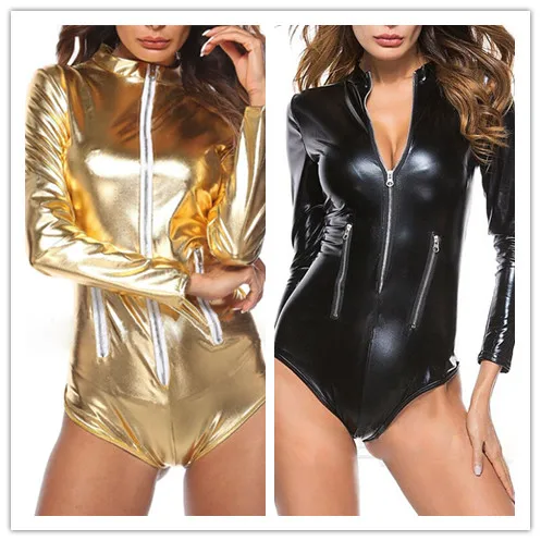 Women Sexy Leather Skinny Romper Black Gold Zipper PU Long Sleeve Bodysuit Bodycon S-4XL Cool Autumn Jumpsuit