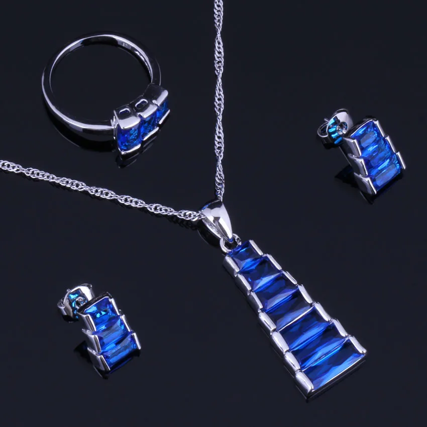 Marvelous Trapezoid Blue Cubic Zirconia Silver Plated Jewelry Sets Earrings Pendant Chain Ring V0963 | Украшения и аксессуары