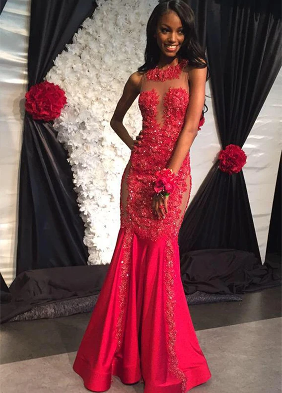 CYF71Robe de soiree Long Mermaid Red Prom Dresses 2016 See Through Back Appliques Lace Evening Dress