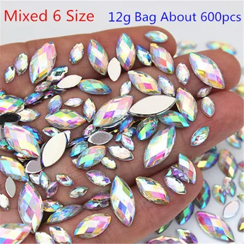 

Mix 6 Size 600pcs Acrylic Rhinestones Eye Shape Crystal AB Flat Back Nail Rhinestone 3D Non HotFix Nail Art Decoration Tool WC80