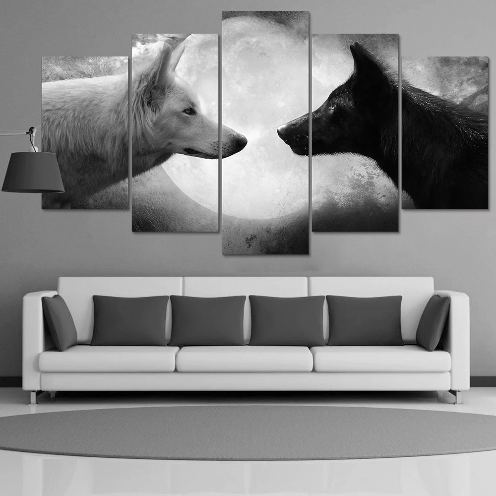 Hd Print 5 Uds Lienzo De Pared De Arte Negro Blanco Lobo Pintura
