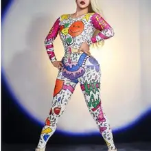Мода мультфильм каракули комбинезон наряд женский для выступления певца одежда танцевальный костюм боди Пром шоу леггинсы
