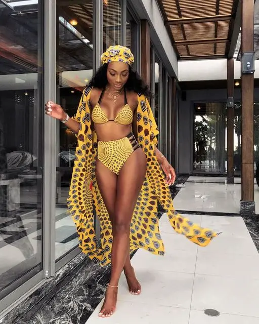 

2019 Sexy Women Bathing Suit Yellowb Print Brazilian Bikini Set Summer Beach Wear Cape 3 Pieces Set Swimwear